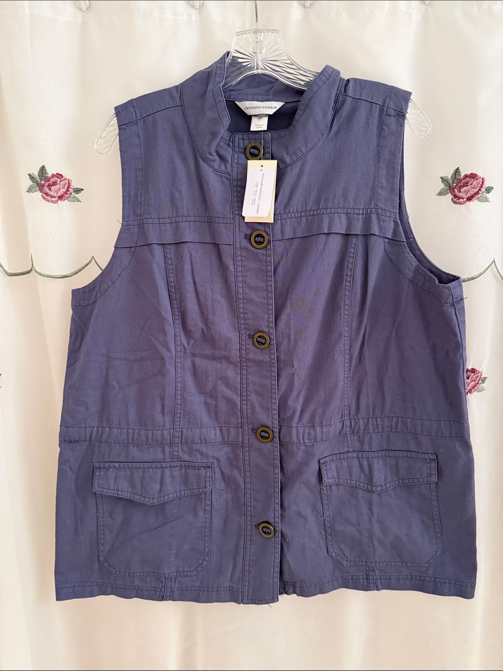 Christopher & Banks Light Navy Sleeveless Button-Front Utility-Like Vest
